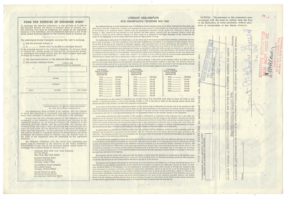 Tenneco Corporation Bond Certificate