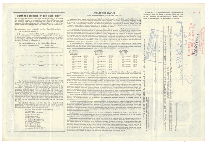 Tenneco Corporation Bond Certificate