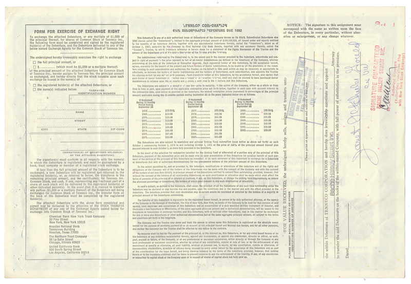 Tenneco Corporation Bond Certificate