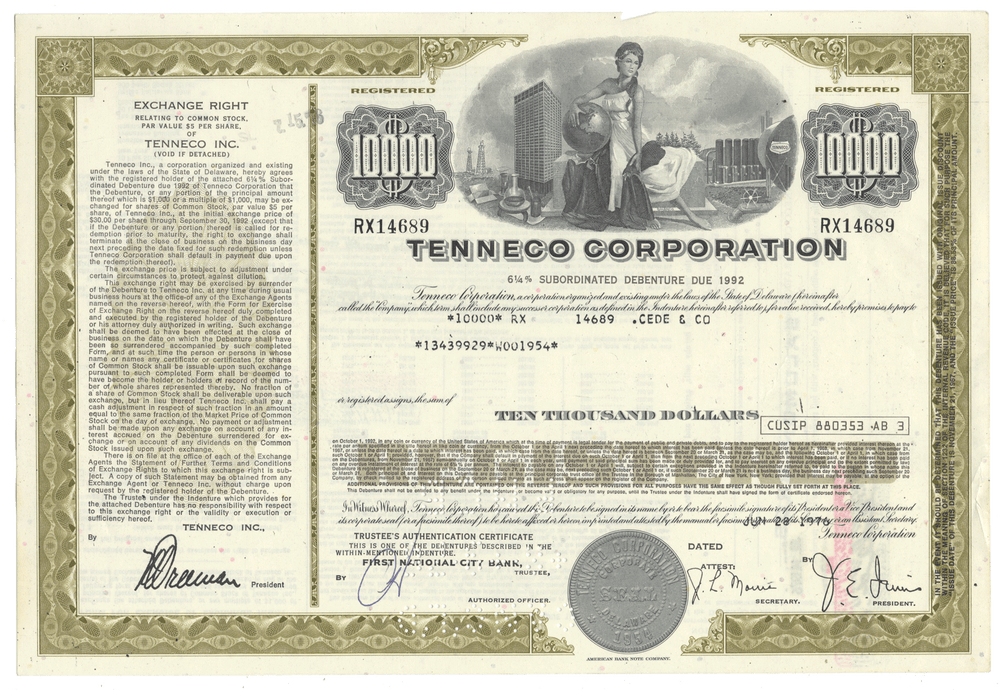 Vintage Tenneco Corporation bond certificate with detailed text and graphics from 1976