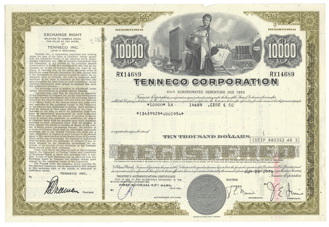 Vintage Tenneco Corporation bond certificate with detailed text and graphics from 1976