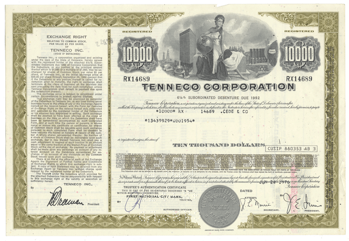 Vintage Tenneco Corporation bond certificate with detailed text and graphics from 1976