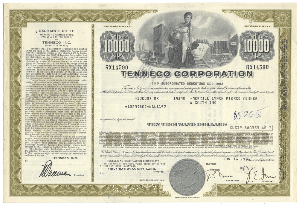 Vintage bond certificate of Tenneco Corporation with detailed design and text.