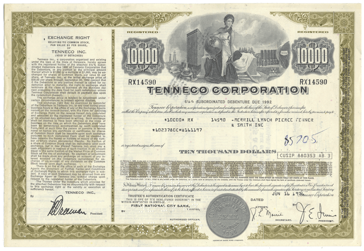 Vintage bond certificate of Tenneco Corporation with detailed design and text.