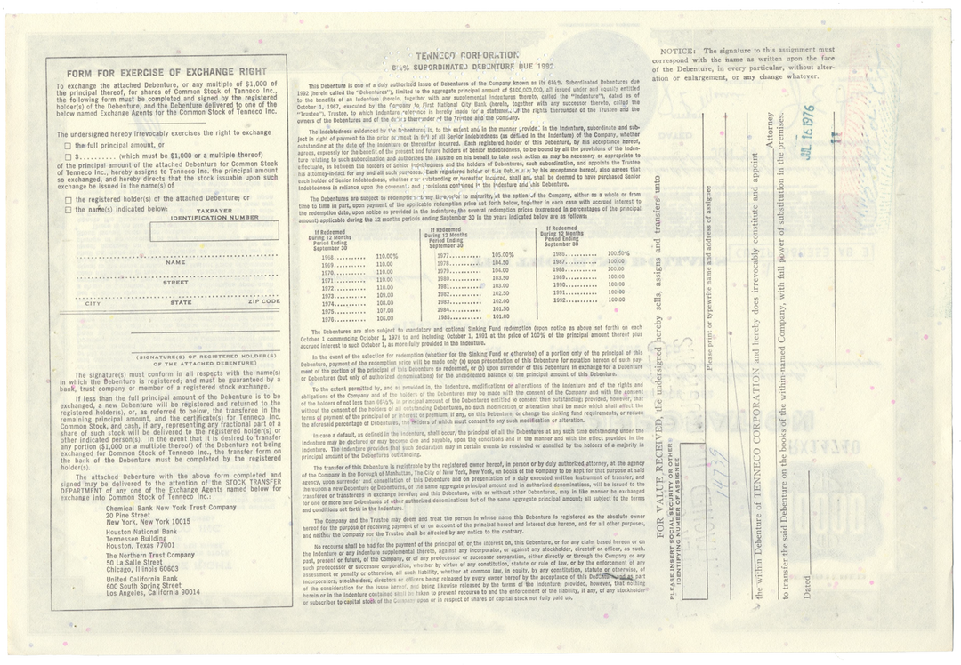 Tenneco Corporation Bond Certificate