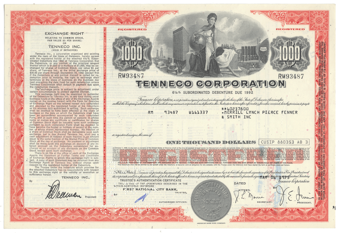 Vintage bond certificate of Tenneco Corporation with red border and detailed text.