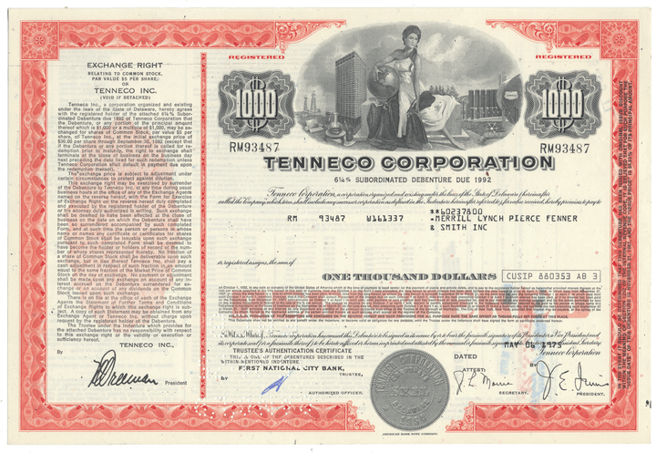 Vintage bond certificate of Tenneco Corporation with red border and detailed text.
