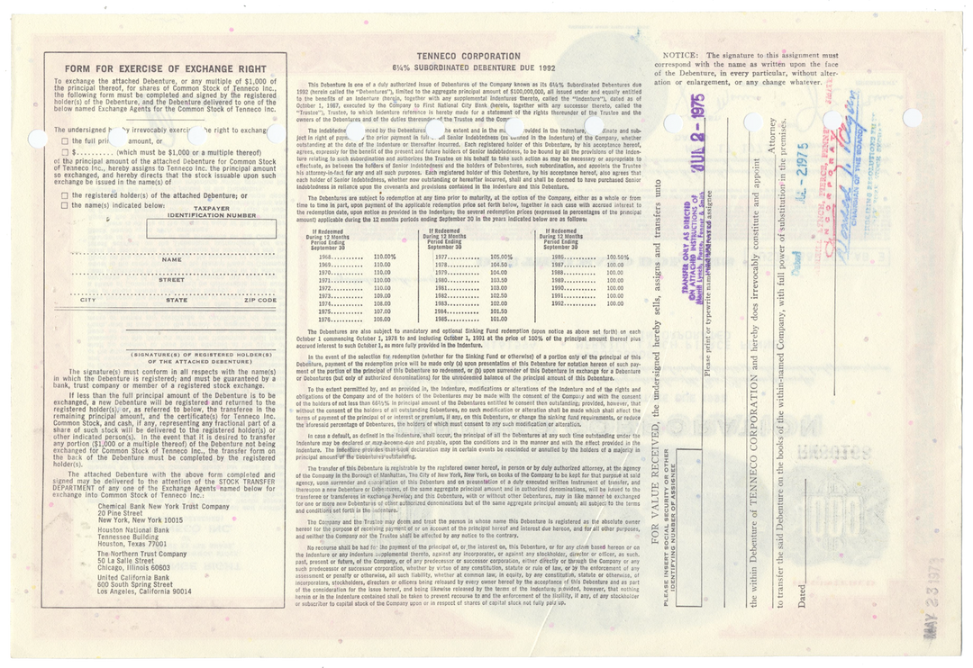 Tenneco Corporation Bond Certificate