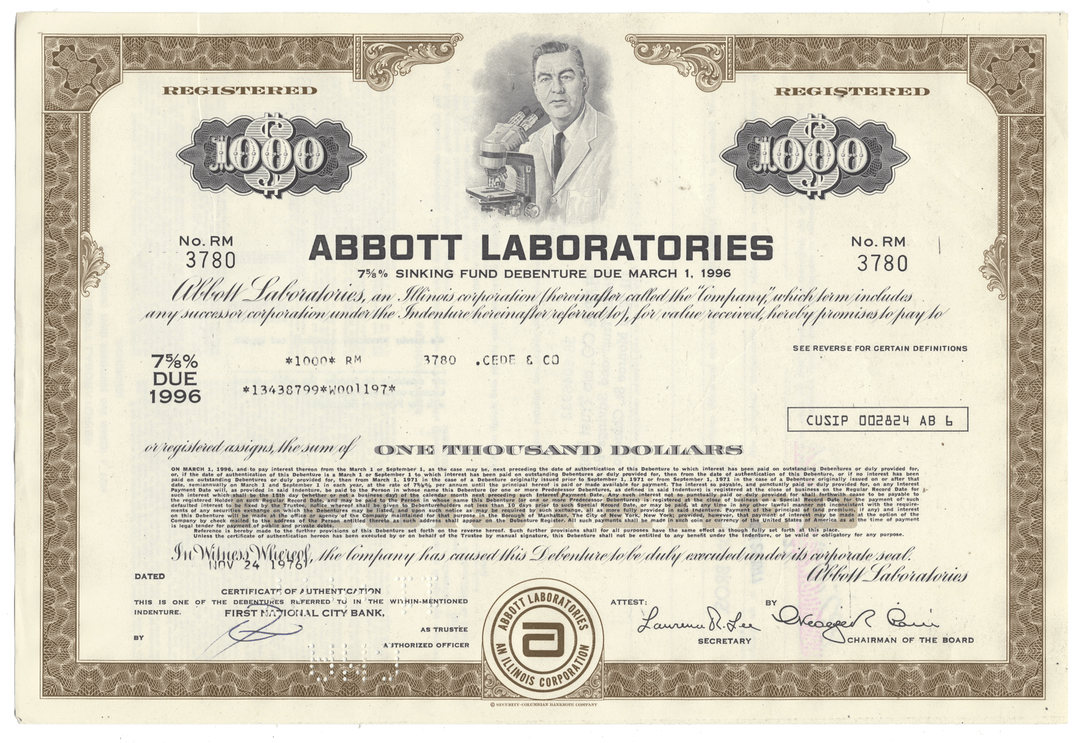 Vintage Abbott Laboratories bond certificate with a portrait of a man from 1976