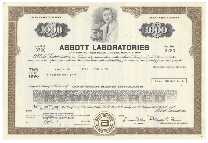 Vintage Abbott Laboratories bond certificate with a portrait of a man from 1976