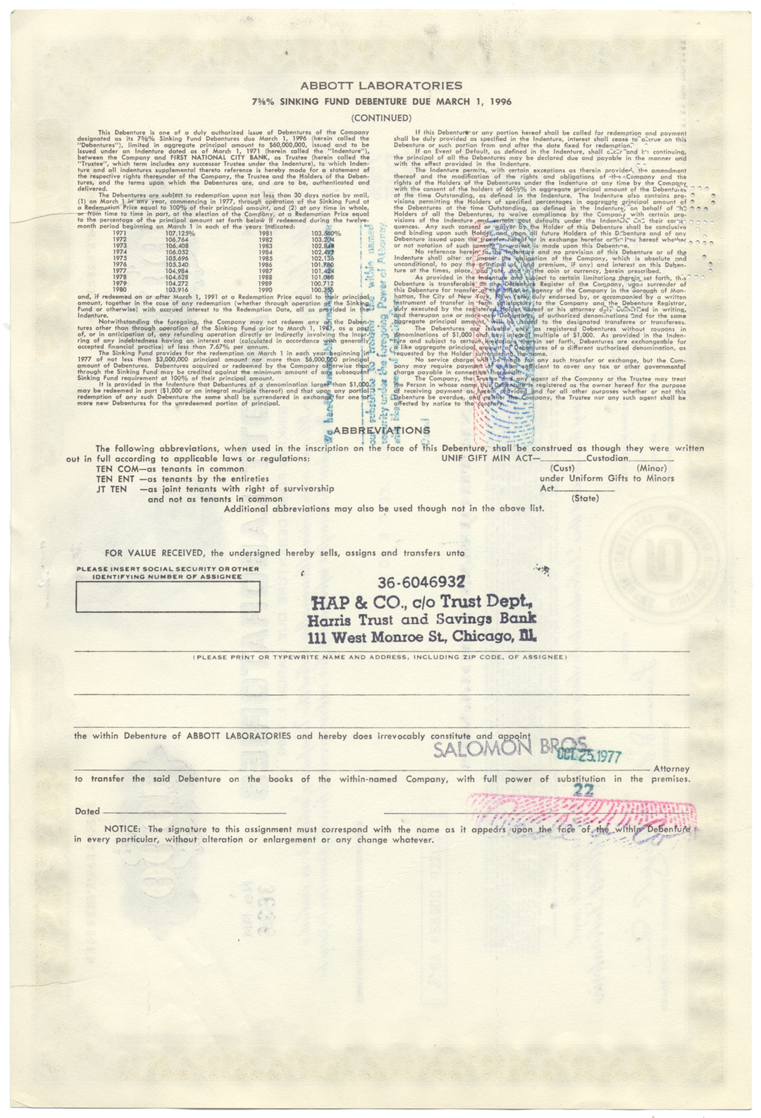 Abbott Laboratories Bond Certificate