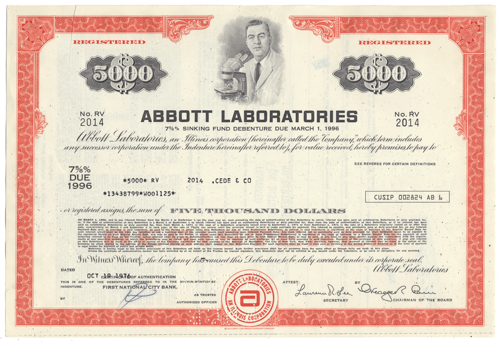 Vintage bond certificate from Abbott Laboratories with orange and white design.