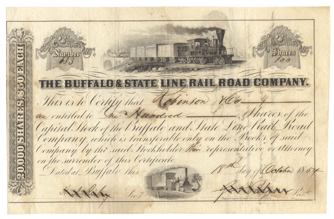 Historical stock certificate for the Buffalo & State Line Rail Road Company with a steam locomotive illustration from 1854