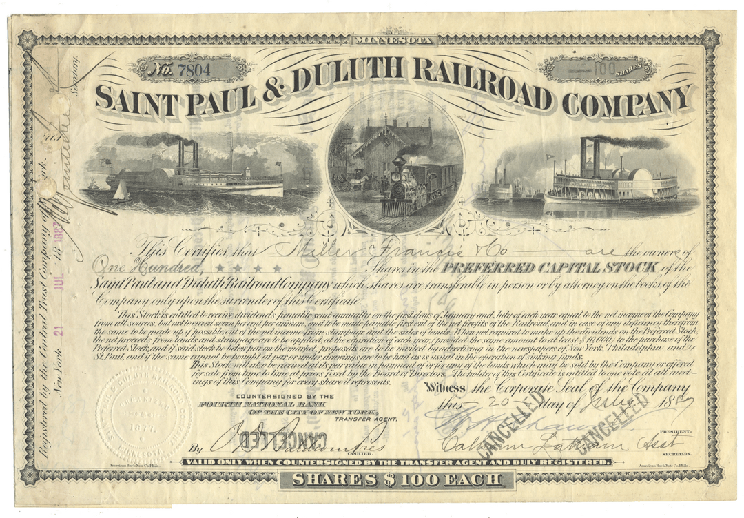Saint Paul & Duluth Railroad Company stock certificate dated 1887