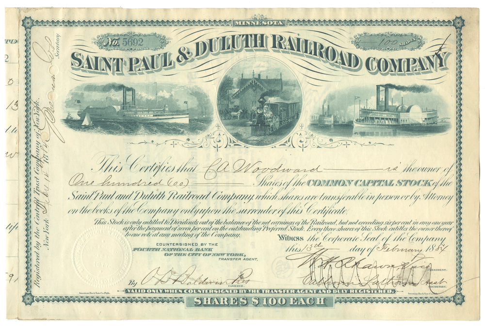 St. Paul & Duluth Railroad Company stock certificate from 1884