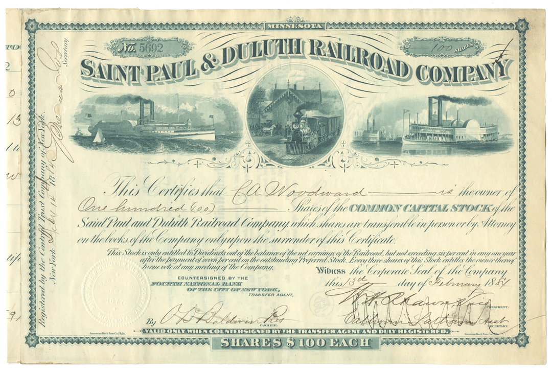 St. Paul & Duluth Railroad Company stock certificate from 1884