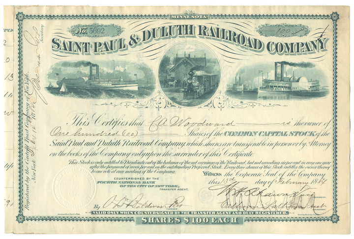St. Paul & Duluth Railroad Company stock certificate from 1884