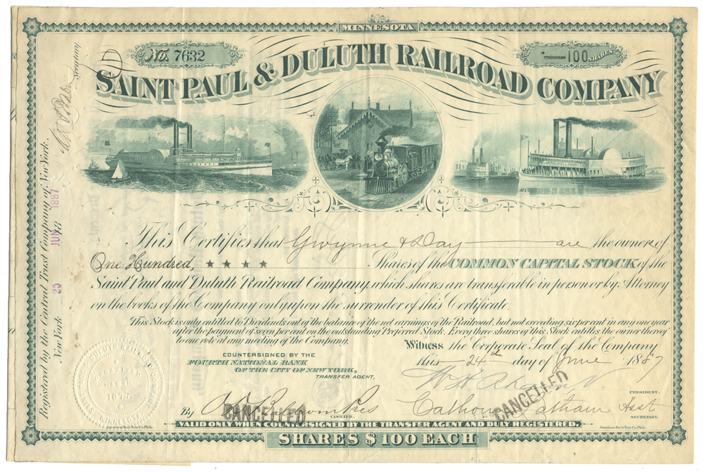 St. Paul & Duluth Railroad Company stock certificate with steam locomotive and paddlewheel ship illustrations from 1887