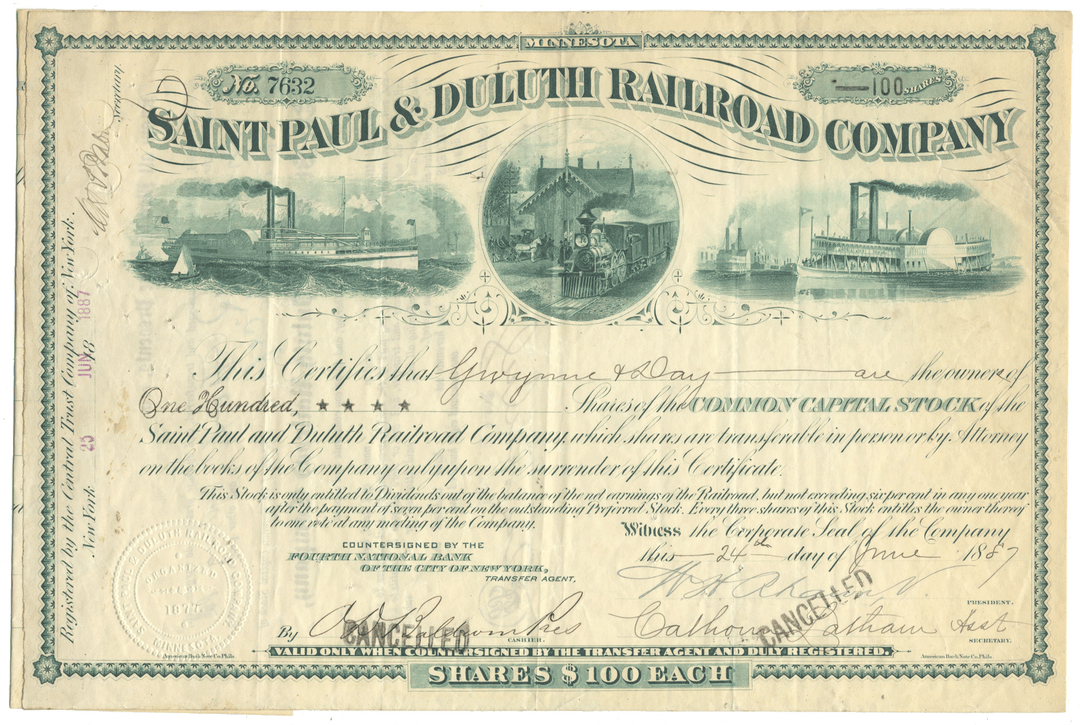 St. Paul & Duluth Railroad Company stock certificate with steam locomotive and paddlewheel ship illustrations from 1887