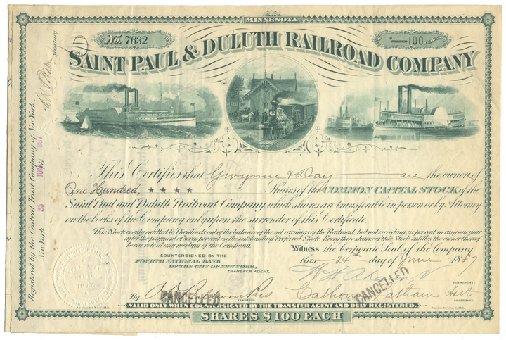 St. Paul & Duluth Railroad Company stock certificate with steam locomotive and paddlewheel ship illustrations from 1887