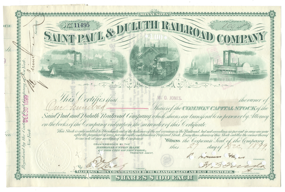 A vintage Saint Paul & Duluth Railroad Company stock certificate dated 1899