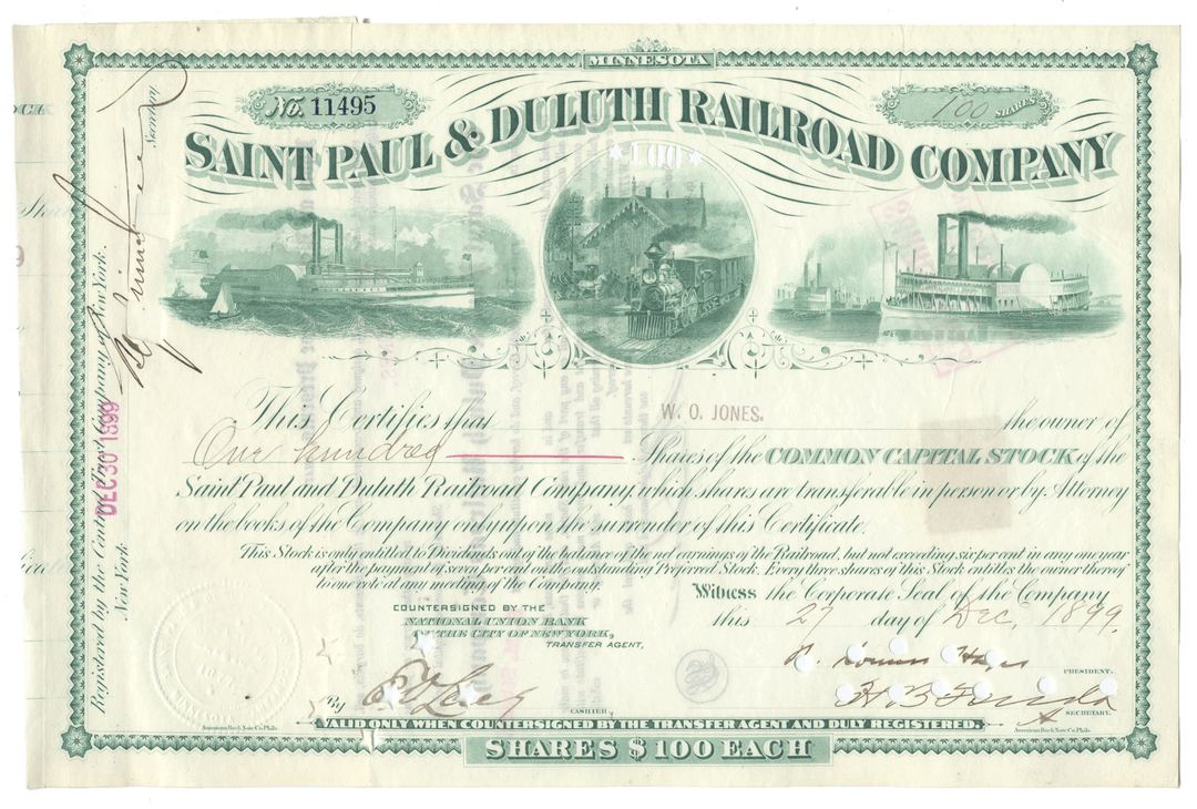 A vintage Saint Paul & Duluth Railroad Company stock certificate dated 1899