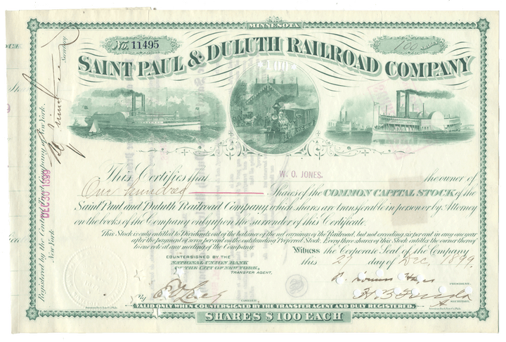 A vintage Saint Paul & Duluth Railroad Company stock certificate dated 1899