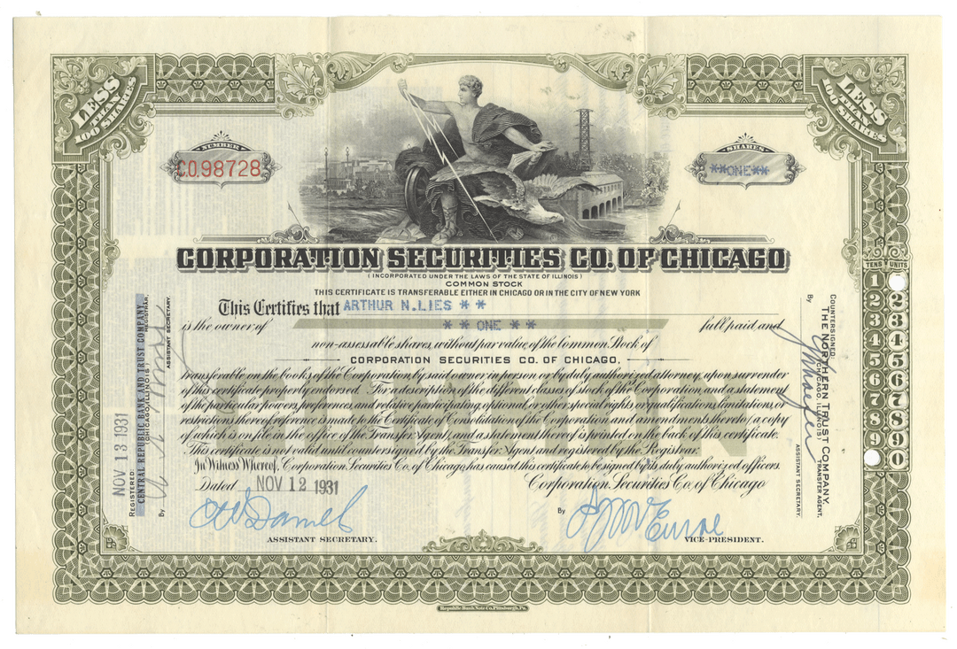 Corporation Securities Co. of Chicago Stock Certificate