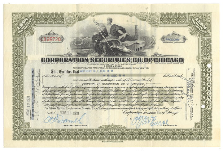 Corporation Securities Co. of Chicago Stock Certificate