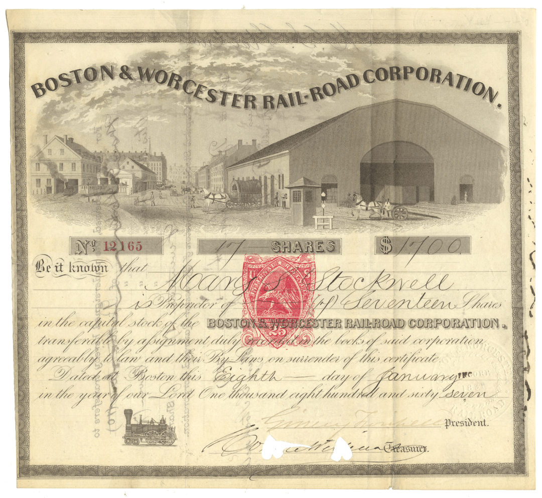 Historical stock certificate for the Boston & Worcester Rail-Road Corporation with a RN-T3 Revenue from 1867