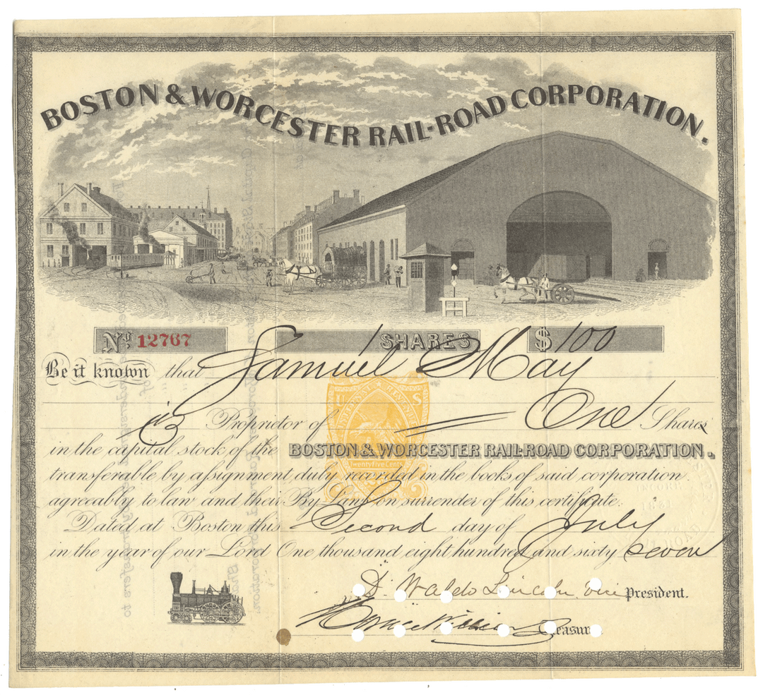 Historical stock certificate for Boston & Worcester Rail-Road Corporation from 1867 with an RN-T4 Revenue Stamp