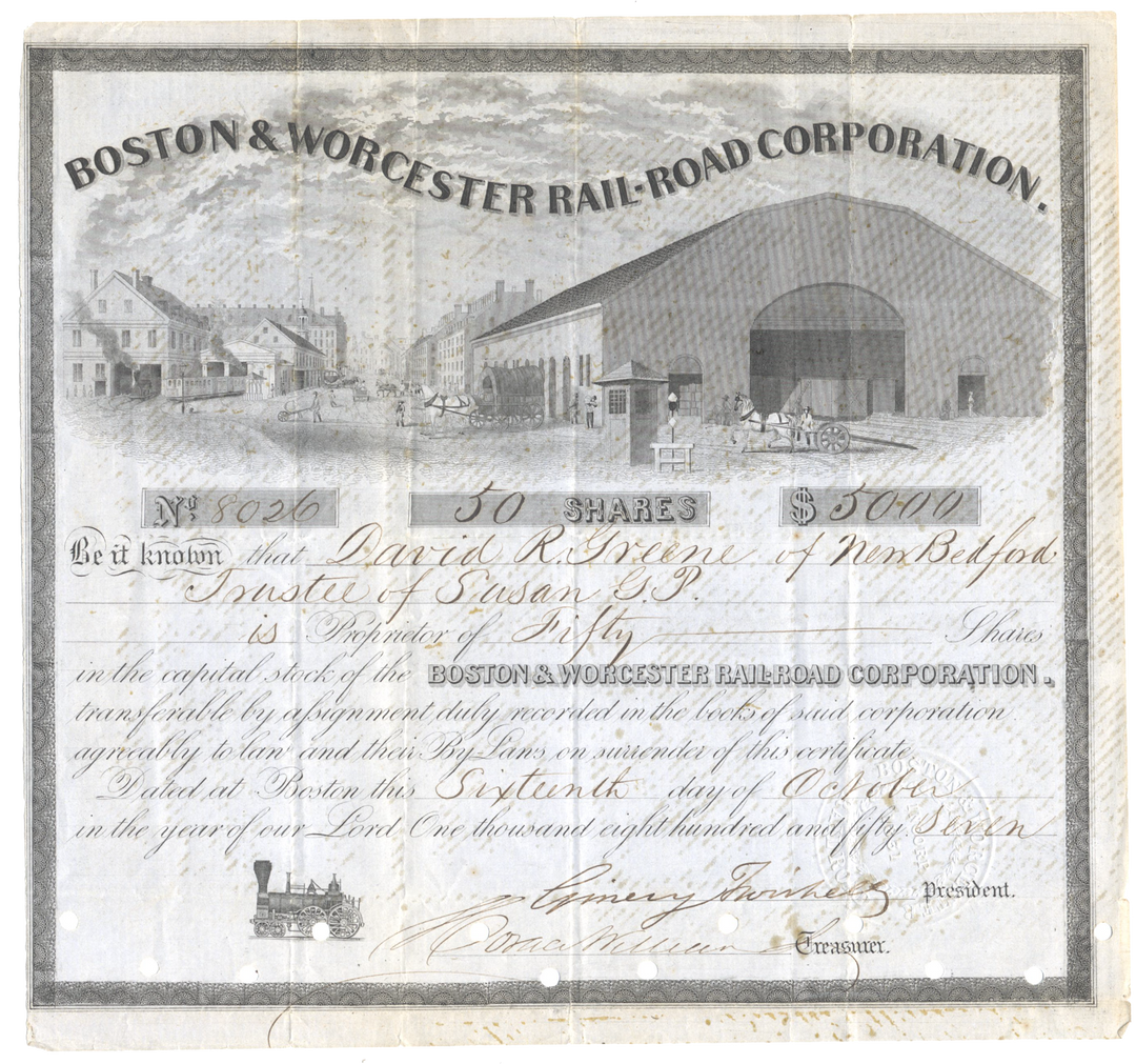 Boston & Worcester Rail-Road Corporation Stock Certificate