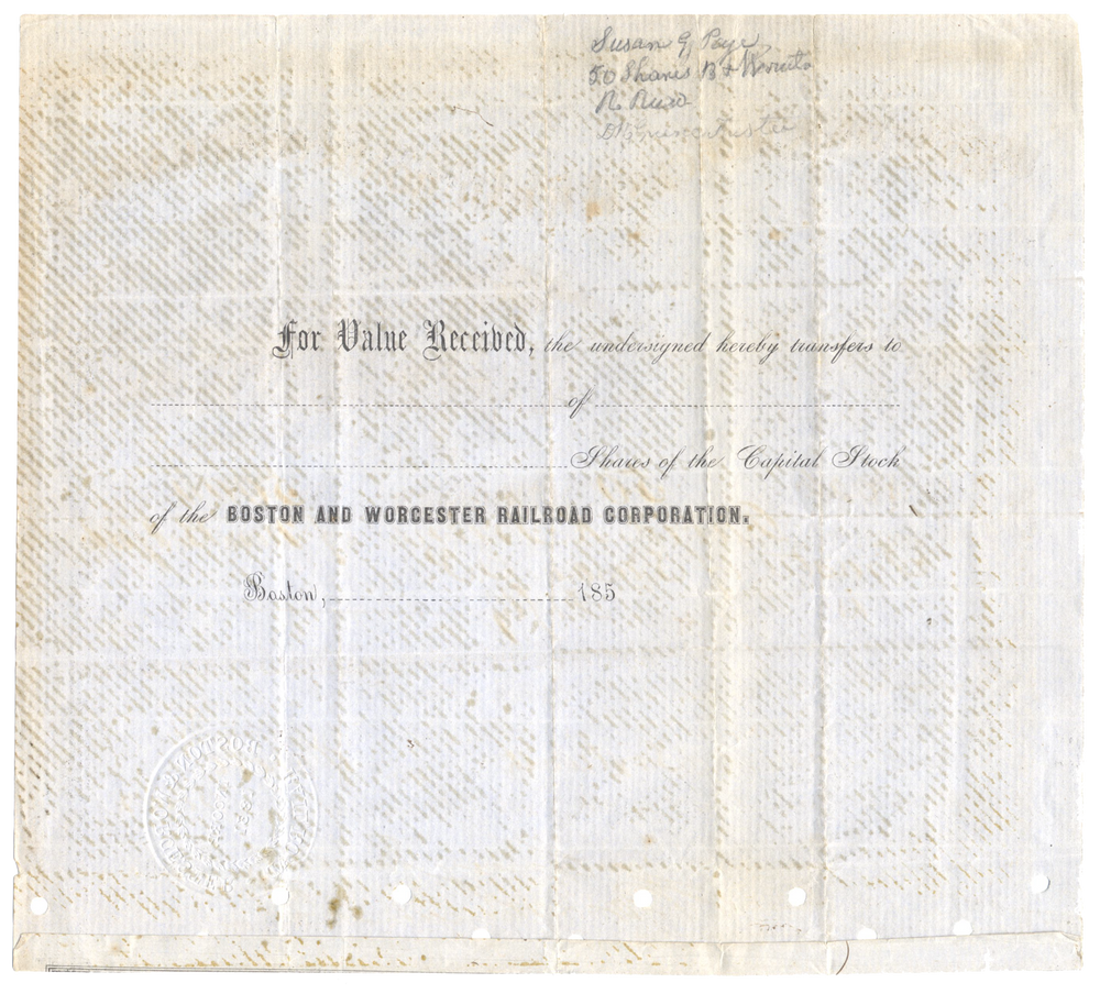 Boston & Worcester Rail-Road Corporation Stock Certificate