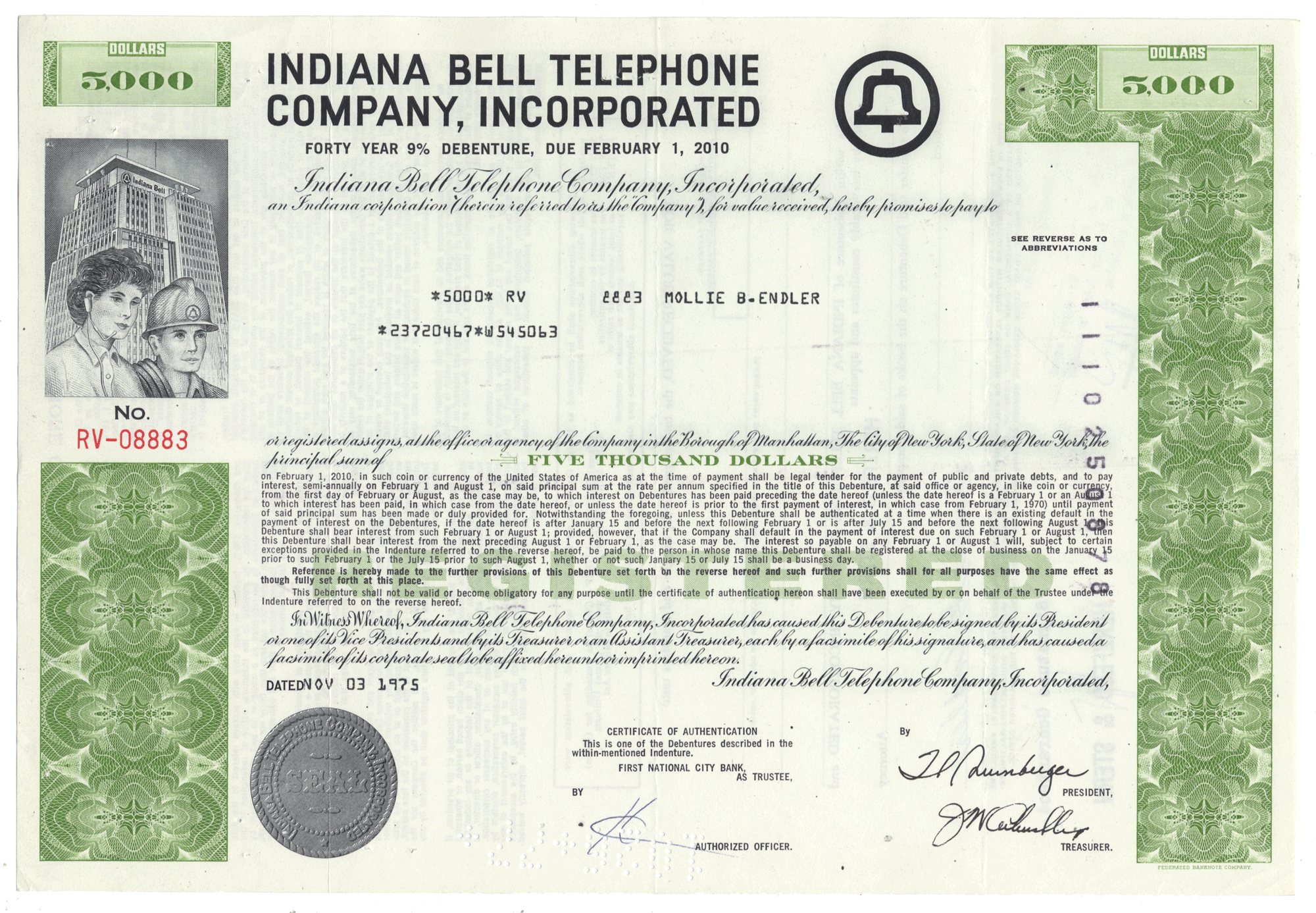 A vintage bond certificate from the Indiana Bell Telephone Company, Incorporated, from 1975