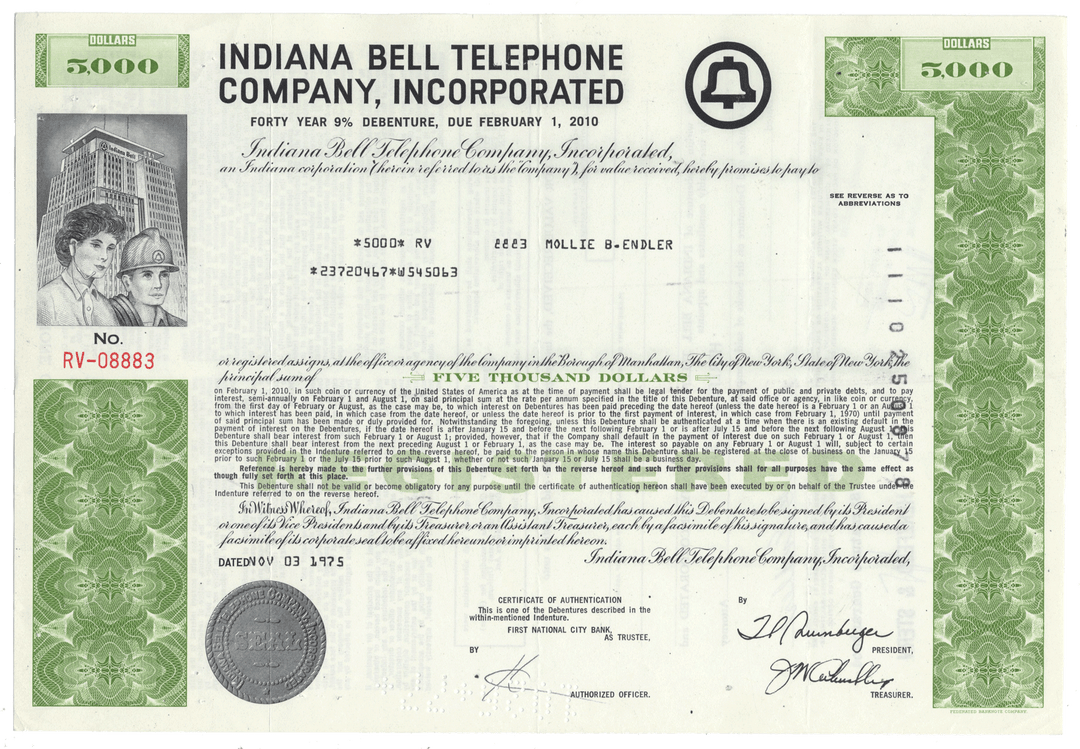 A vintage bond certificate from the Indiana Bell Telephone Company, Incorporated, from 1975