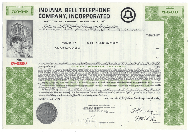 A vintage bond certificate from the Indiana Bell Telephone Company, Incorporated, from 1975