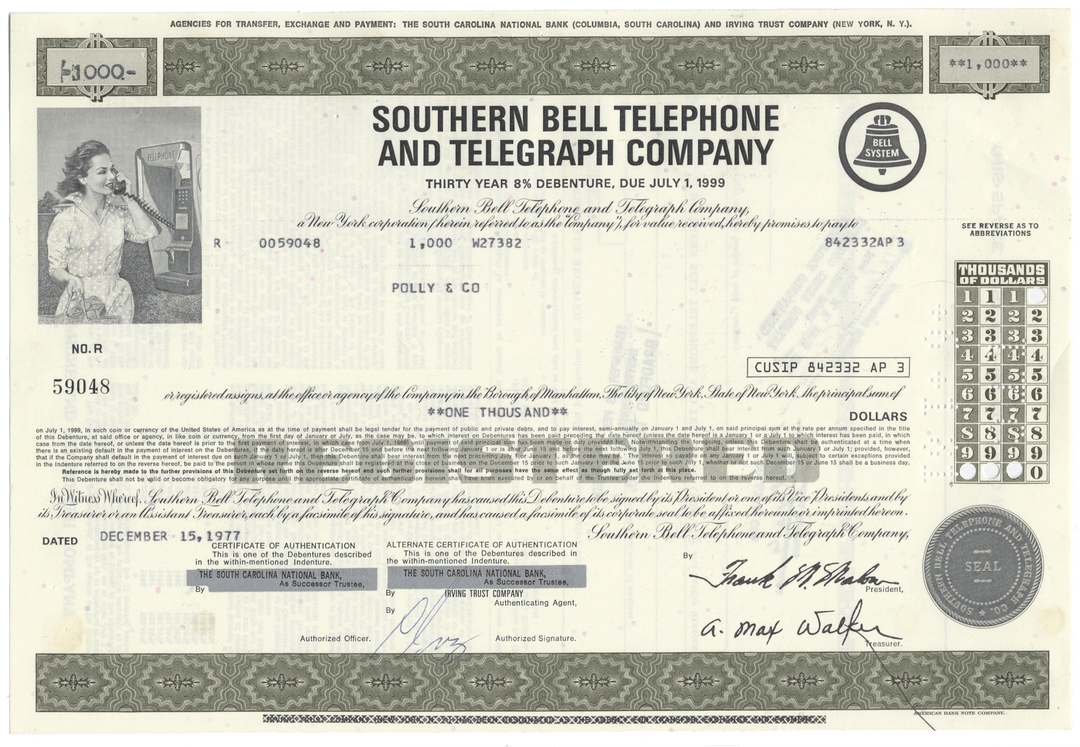 Southern Bell Telephone and Telegraph Company bond certificate
