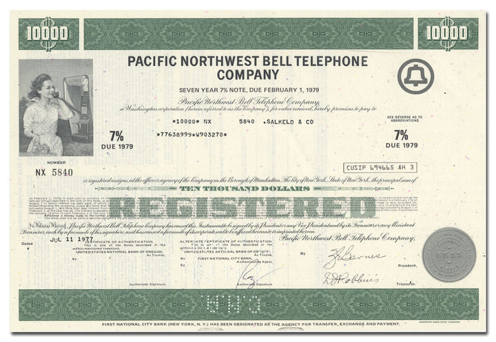 Vintage bond certificate of Pacific Northwest Bell Telephone Company from 1977.