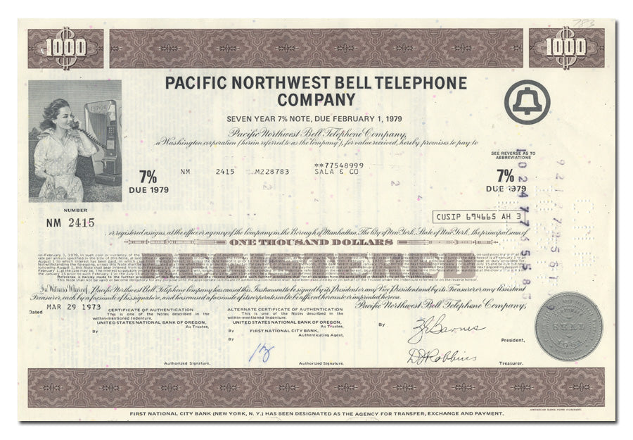 Vintage bond certificate of Pacific Northwest Bell Telephone Company from 1973.
