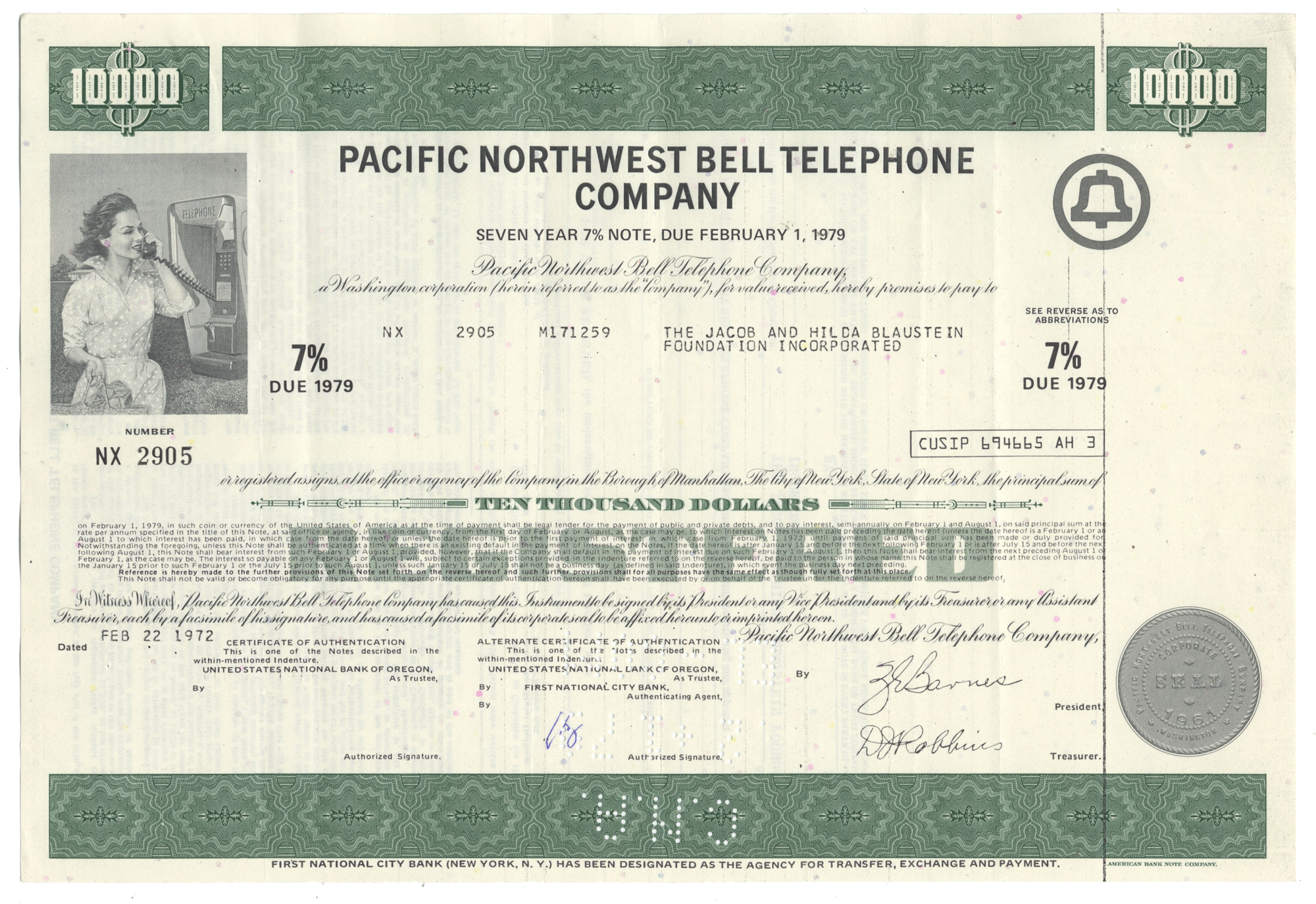 Vintage stock certificate of Pacific Northwest Bell Telephone Company with a woman on the phone from 1972