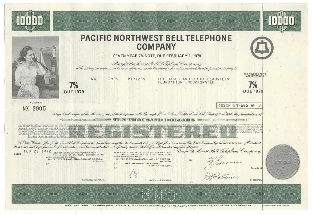Vintage stock certificate of Pacific Northwest Bell Telephone Company with a woman on the phone from 1972