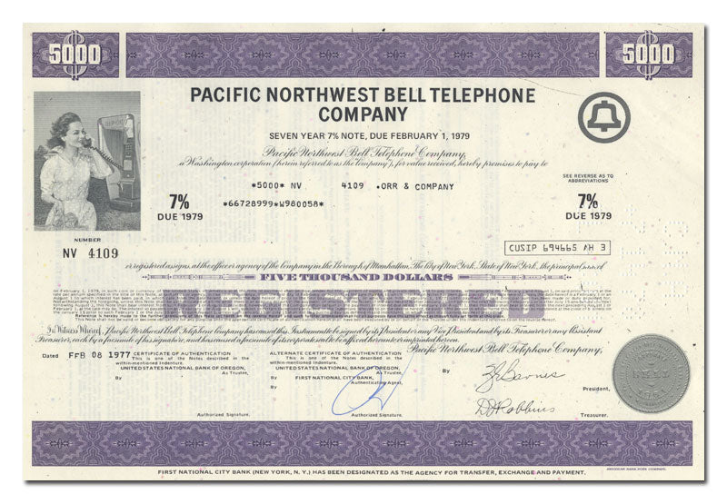 Vintage bond certificate of Pacific Northwest Bell Telephone Company from 1977.