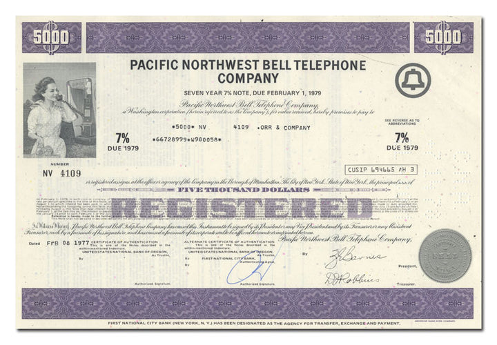 Vintage bond certificate of Pacific Northwest Bell Telephone Company from 1977.