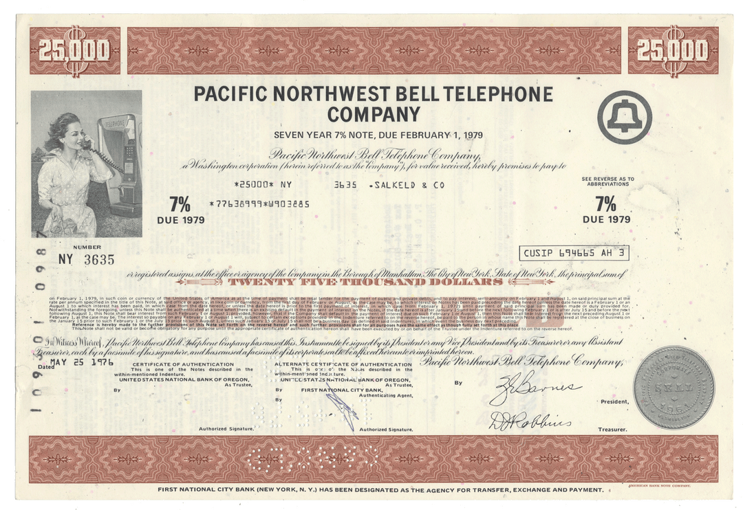 Vintage bond certificate of Pacific Northwest Bell Telephone Company from 1976.