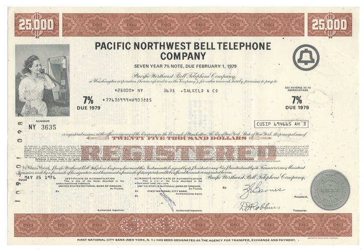 Vintage bond certificate of Pacific Northwest Bell Telephone Company from 1976.