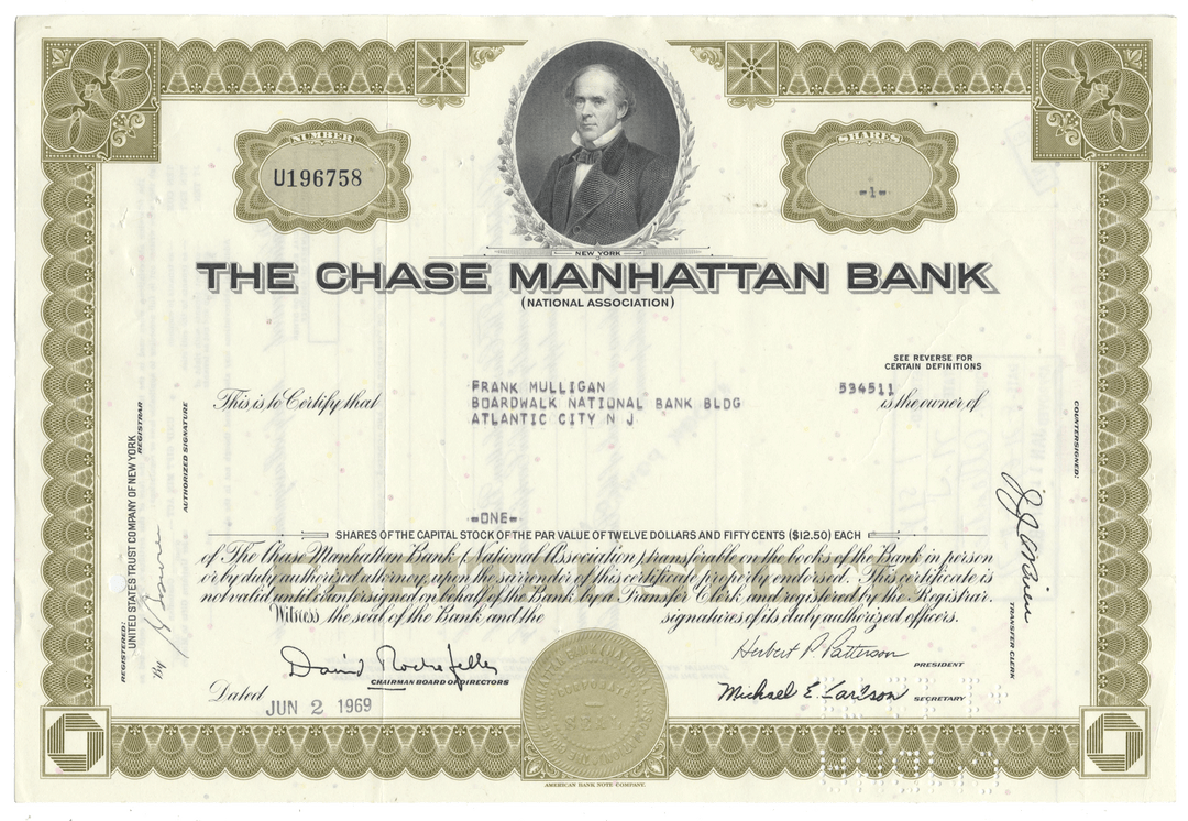 Vintage bank certificate from The Chase Manhattan Bank from 1969