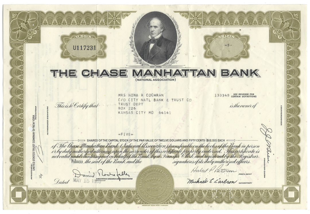 A vintage bank stock certificate from The Chase Manhattan Bank from 1969