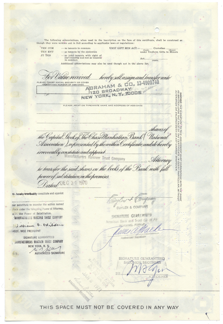 Chase Manhattan Bank Stock Certificate