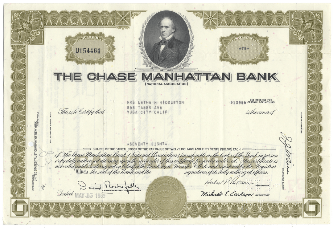 Chase Manhattan Bank Stock Certificate