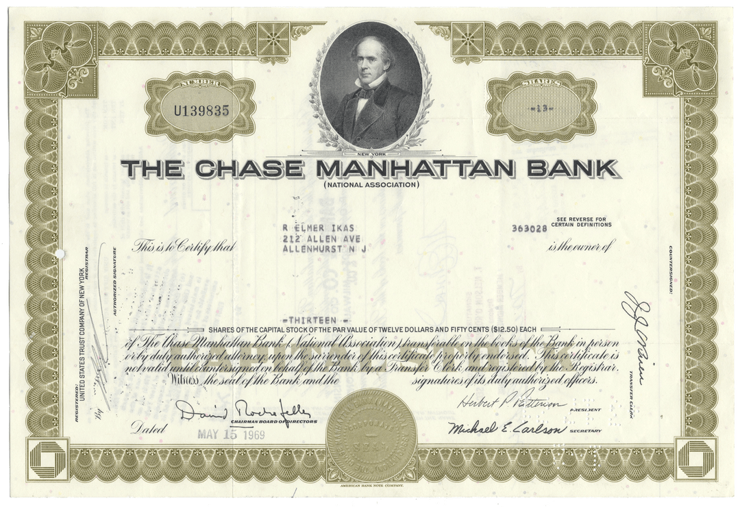 Vintage stock certificate from The Chase Manhattan Bank with a portrait of a man in the top right corner.